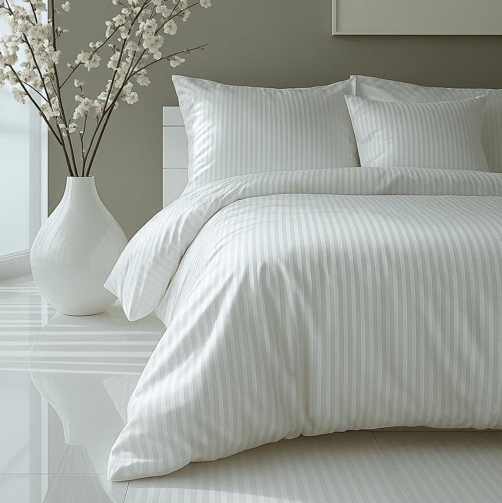 Parure Copripiumino Rasatello Rigato Bianco