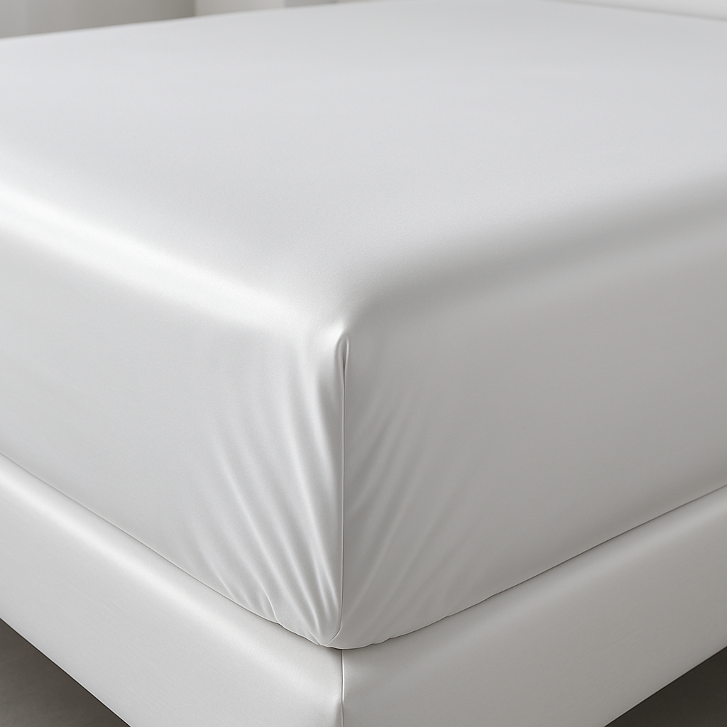 lenzuolo sotto bianco con angoli esploso in rasatello di cotone, imamgine di un letto 